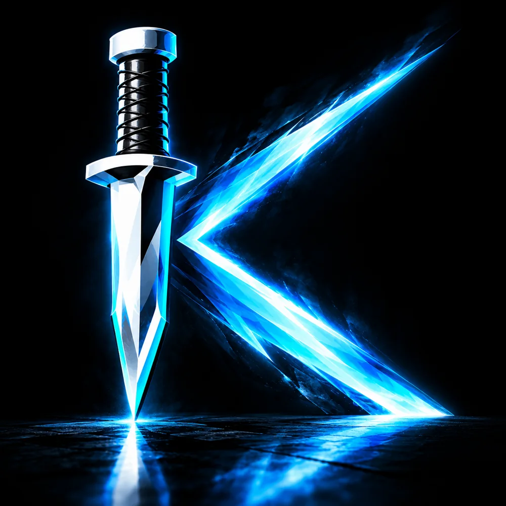 A glowing crystal K made from a knife, reflected on a dark floor